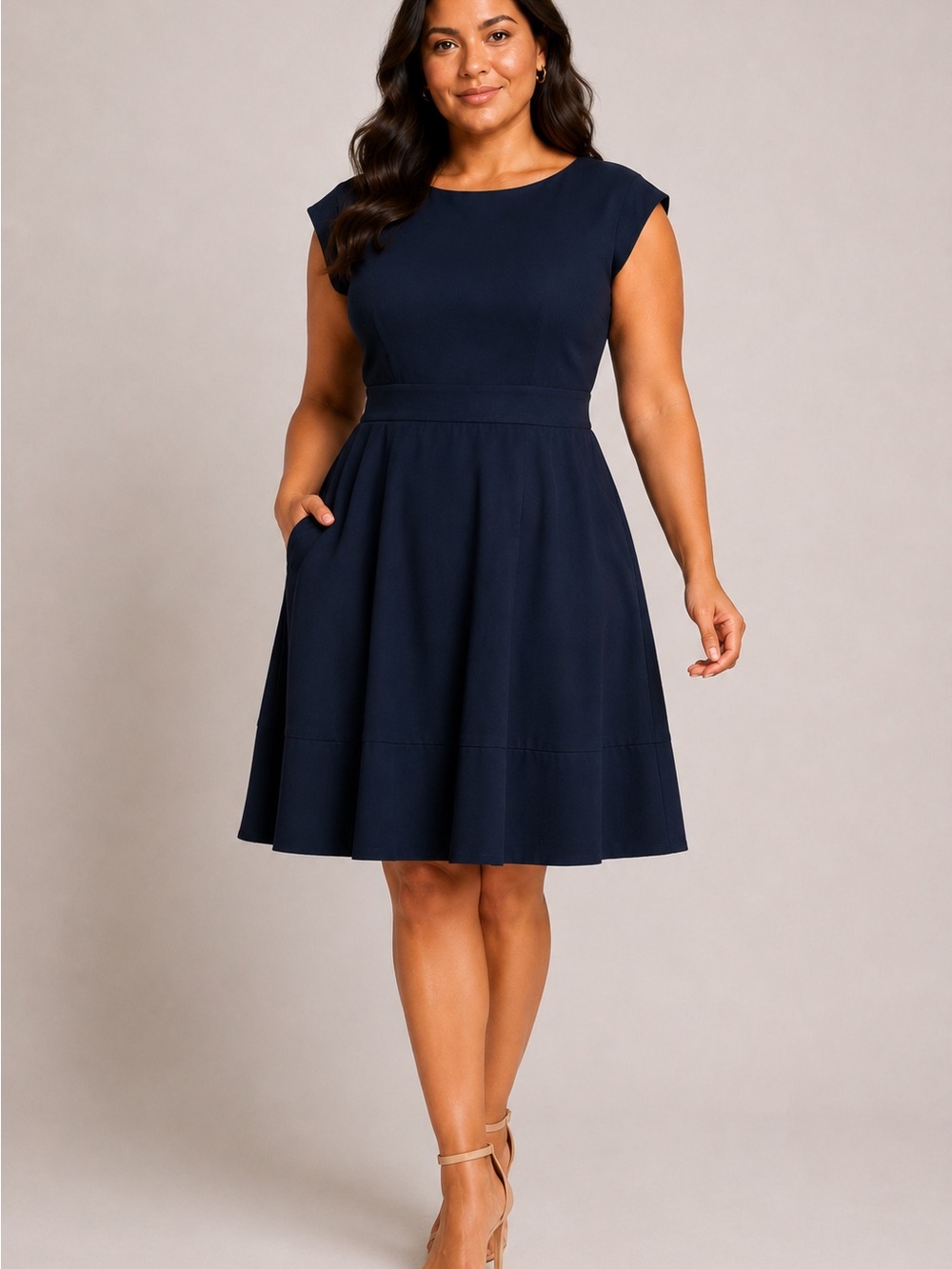 Design Collective Navy Cap-Sleeve Fit & Flare Mini Dress Knee Length